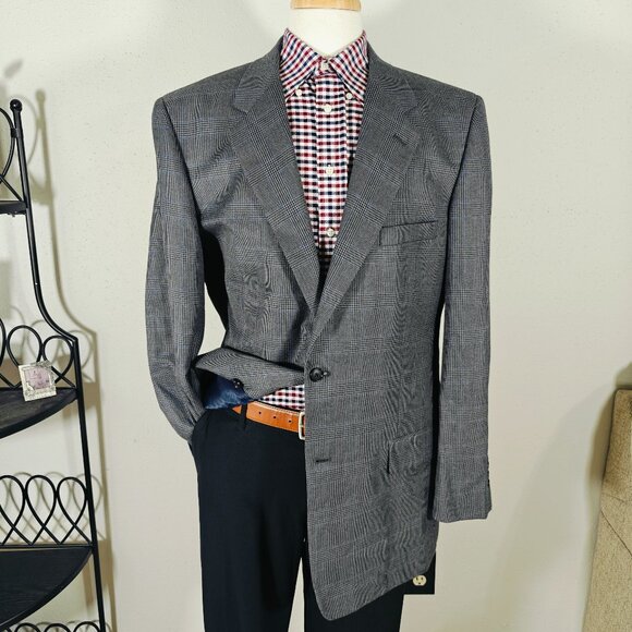 Club Room Men's Sport Coat Blazer Two Button Gray Plaid Polyester‎ Blend 46L - Picture 1 of 15